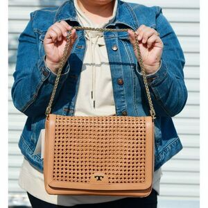 NWT Tory Burch Erica Weave Flap Shoulder Bag Mousse $595+